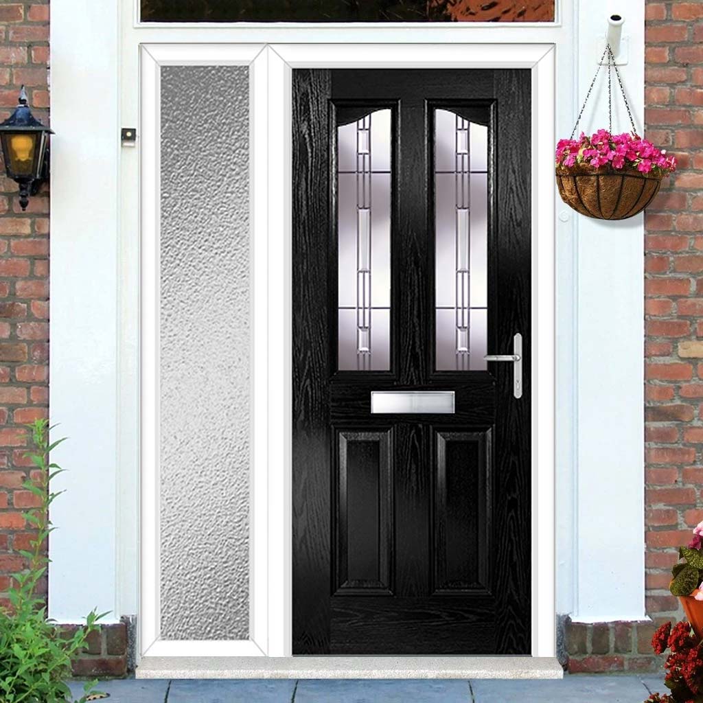 Premium Composite Front Door Set with One Side Screen - Aprilla 2 Barite Glass - Shown in Black
