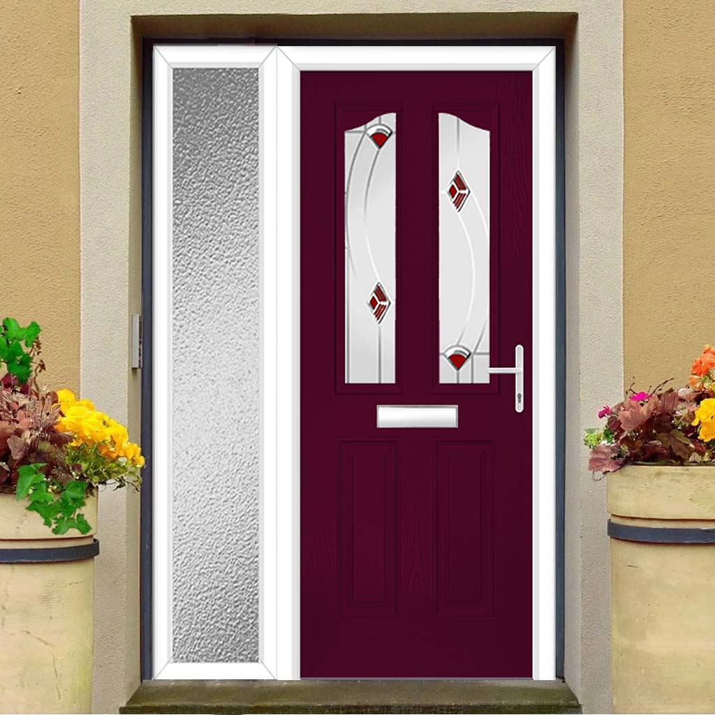 Premium Composite Front Door Set with One Side Screen - Aprilla 2 Kupang Red Glass - Shown in Purple Violet