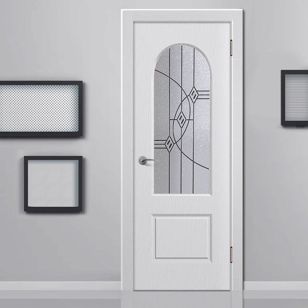 White PVC arched top door with lightly grained faces montrose fusion 3 bevel style toughened clear glass