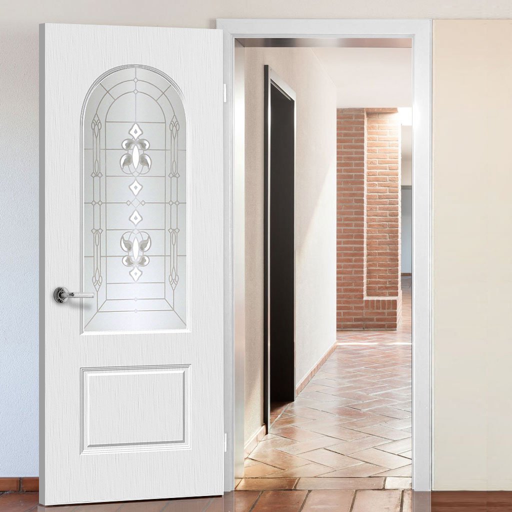White PVC arched top door with lightly grained faces sandblast regal style toughened glass 
