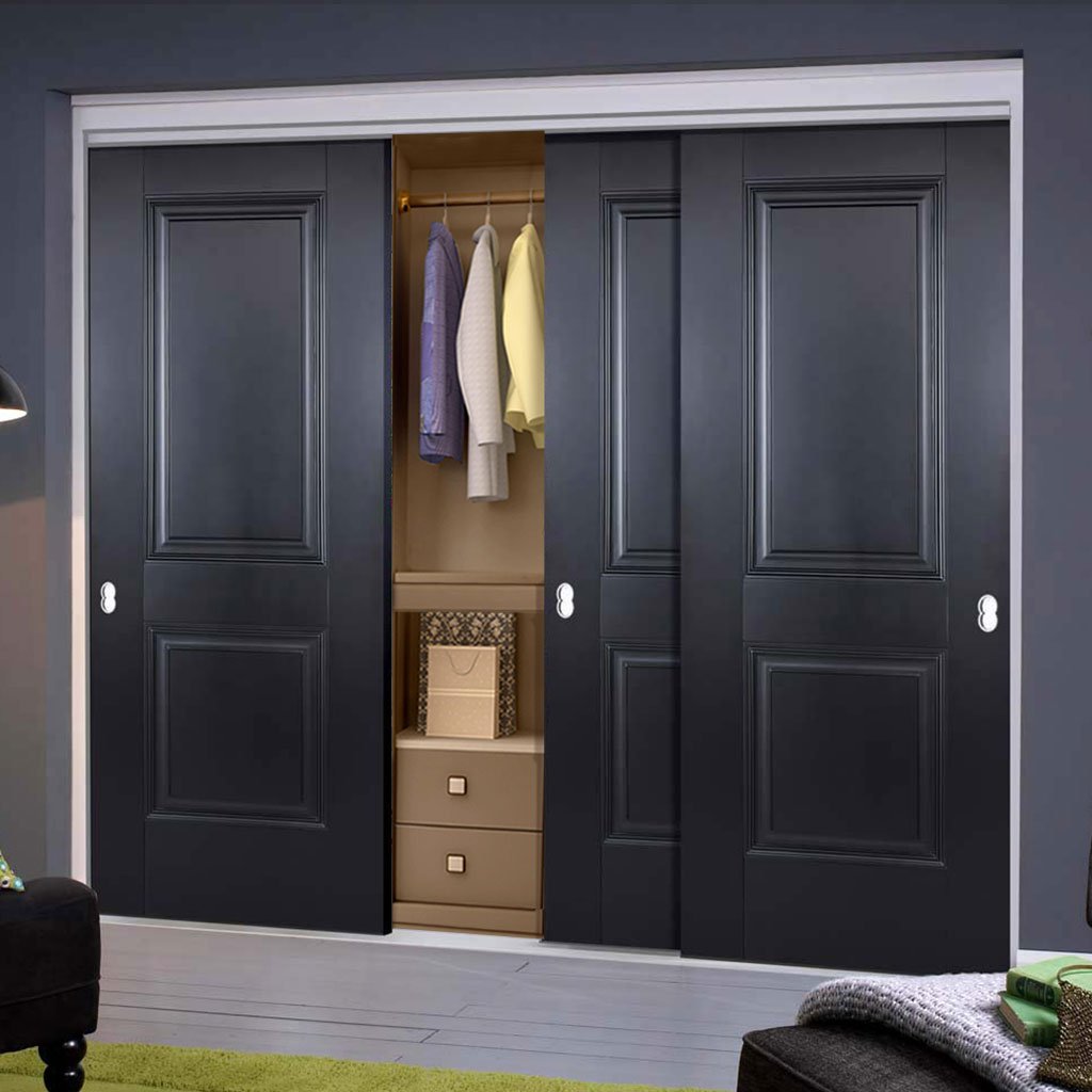 Three Sliding Wardrobe Doors & Frame Kit - Arnhem 2 Panel Black Primed Door - Unfinished