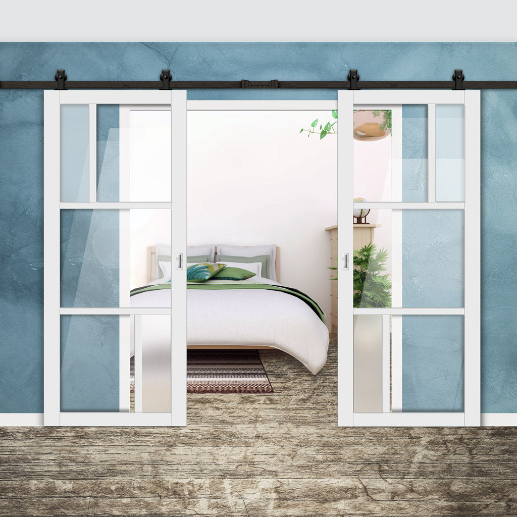 Top Mounted Black Sliding Track & Solid Wood Double Doors - Eco-Urban® Arran 5 Pane Doors DD6432G Clear Glass(2 FROSTED PANES) - Cloud White Premium Primed