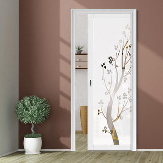 Image: Eco-Urban Artisan® Single Evokit Pocket Door - Blooming Tree 6mm Obscure Glass - Clear Printed Design - Colour & Size Options