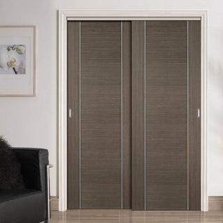 Image: Two Sliding Doors and Frame Kit - Alcaraz Chocolate Grey Door - Prefinished