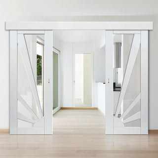 Image: Double Sliding Door & Wall Track - Calypso Aurora White Primed Doors - Clear Glass