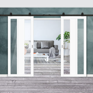Image: Top Mounted Black Sliding Track & Solid Wood Double Doors - Eco-Urban® Avenue 2 Pane 1 Panel Doors DD6410G Clear Glass - Cloud White Premium Primed