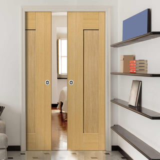 Image: Axis Shaker Oak Panelled Double Evokit Pocket Doors - Prefinished
