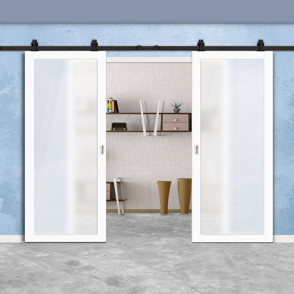 Top Mounted Black Sliding Track & Solid Wood Double Doors - Eco-Urban® Baltimore 1 Pane Doors DD6301SG - Frosted Glass - Cloud White Premium Primed