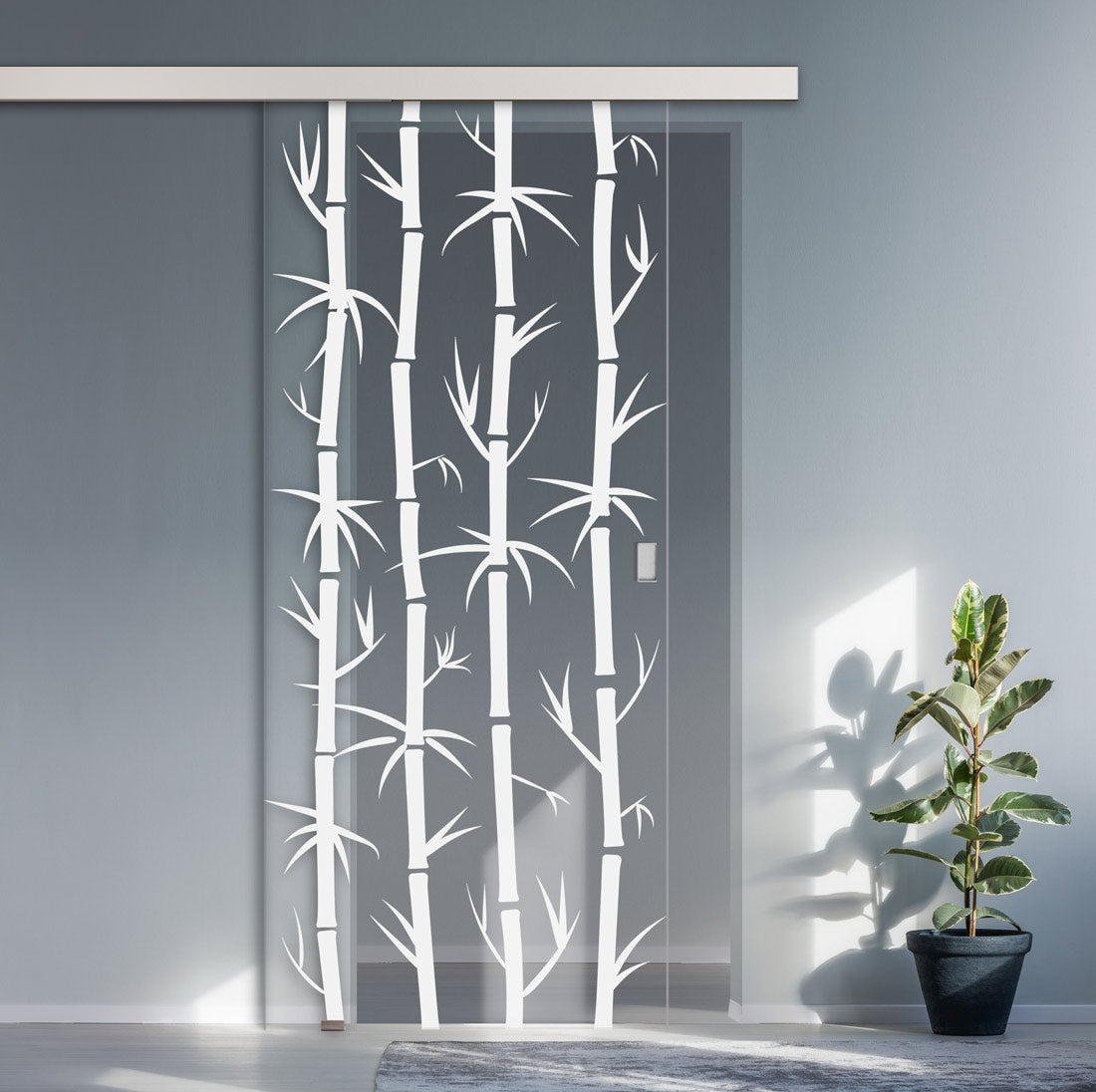 Single Glass Sliding Door - Bamboo 8mm Clear Glass - Obscure Printed Design  with Elegant Track