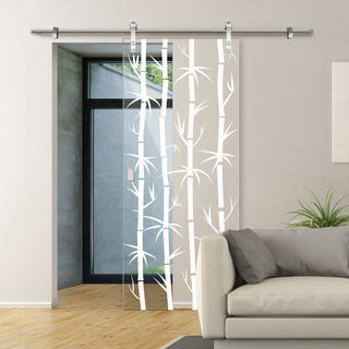 Image: Single Glass Sliding Door - Solaris Tubular Stainless Steel Sliding Track & Bamboo 8mm Clear Glass - Obscure Printed Design
