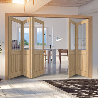 Image: Five Folding Doors & Frame Kit - Belize Oak 3+2 - Silkscreen Etched Glass - Prefinished