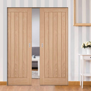 Image: Belize Oak Absolute Evokit Double Pocket Doors - Unfinished