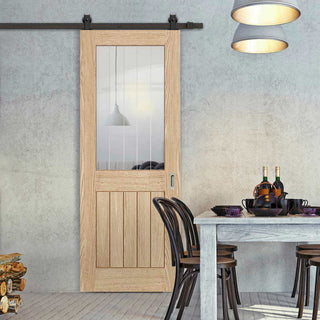 Image: Top Mounted Black Sliding Track & Door - Belize Oak Door - Silkscreen Etched Glass - Prefinished