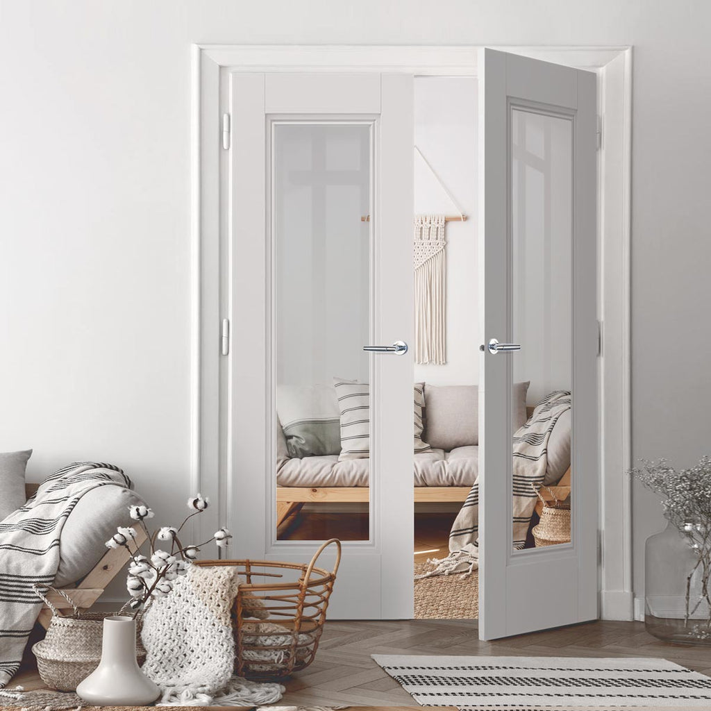 J B Kind White Classic Belton Primed Door Pair - Clear Glass