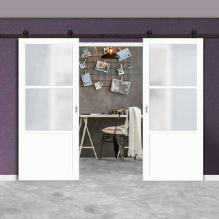 Image: Top Mounted Black Sliding Track & Solid Wood Double Doors - Eco-Urban® Berkley 2 Pane 1 Panel Doors DD6309SG - Frosted Glass - Cloud White Premium Primed