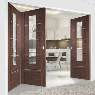 Image: Bespoke Thrufold Portici Walnut Glazed Folding 2+1 Door - Aluminium Inlay - Prefinished