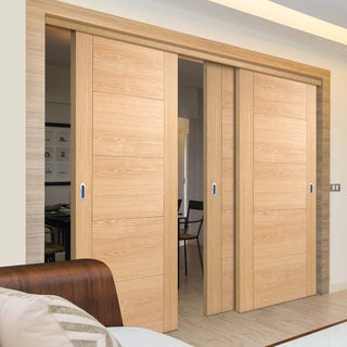 Image: Bespoke Thruslide Vancouver Oak 5P Flush Door - 3 Sliding Doors and Frame Kit - Prefinished