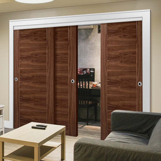 Image: Bespoke Thruslide Vancouver Walnut 5P Flush Door - 3 Sliding Doors and Frame Kit - Prefinished