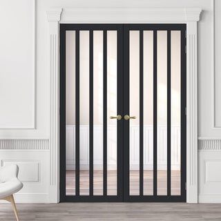 Image: Eco-Urban Sintra 4 Pane Solid Wood Internal Door Pair UK Made DD6428G Clear Glass - Eco-Urban® Shadow Black Premium Primed