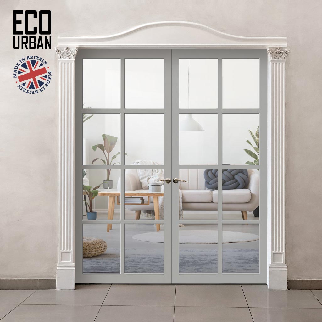 Perth 8 Pane Solid Wood Internal Door Pair UK Made DD6318G - Clear Glass - Eco-Urban® Mist Grey Premium Primed
