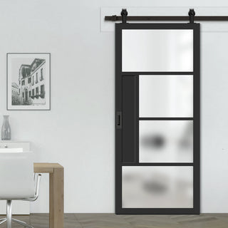 Image: Top Mounted Black Sliding Track & Solid Wood Door - Eco-Urban® Boston 4 Pane Solid Wood Door DD6311SG - Frosted Glass - Shadow Black Premium Primed