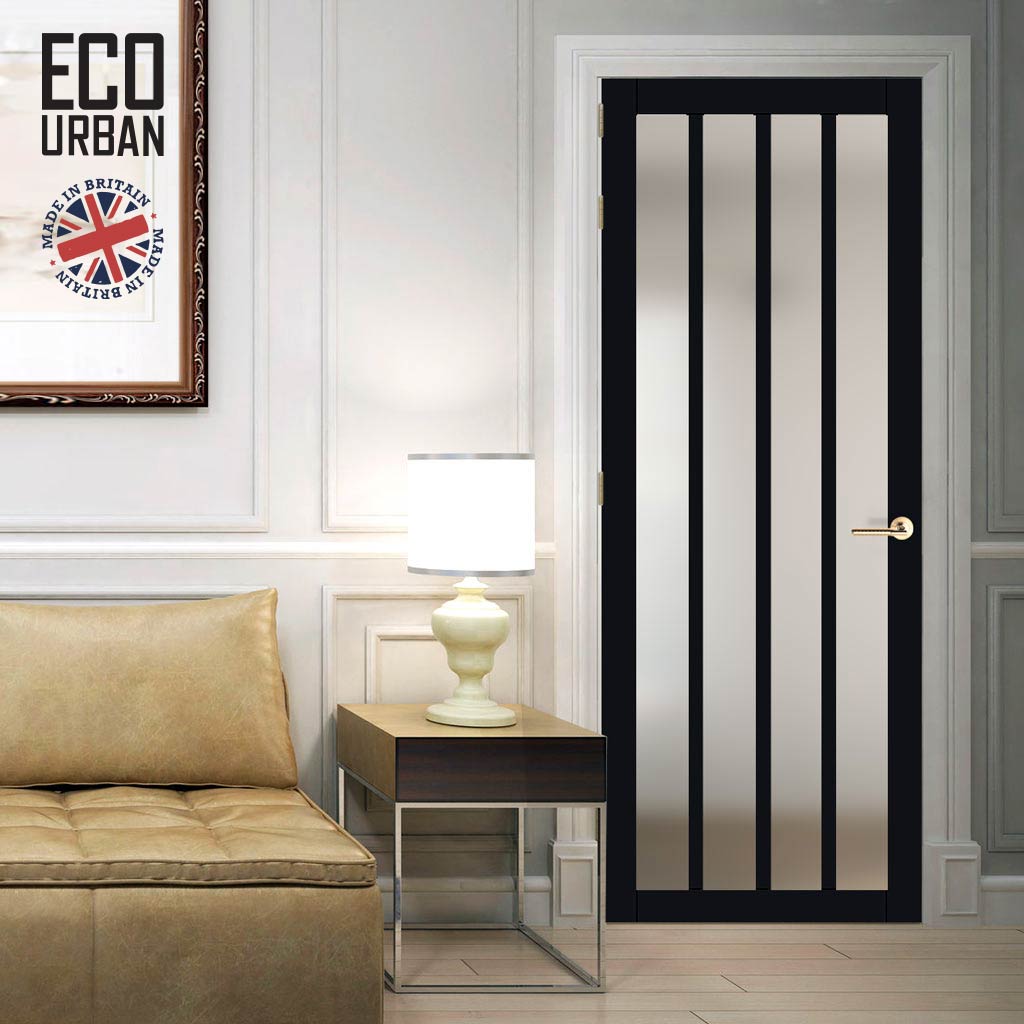 Handmade Eco-Urban Sintra 4 Pane Solid Wood Internal Door UK Made DD6428SG Frosted Glass - Eco-Urban® Shadow Black Premium Primed