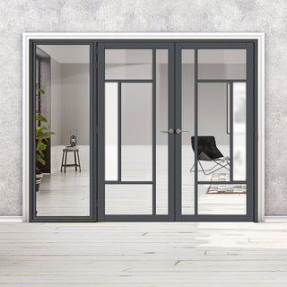 Image: Bespoke Room Divider - Eco-Urban® Portobello Door Pair DD6438CF Clear Glass(1 FROSTED PANE) with Full Glass Side - Premium Primed - Colour & Size Options