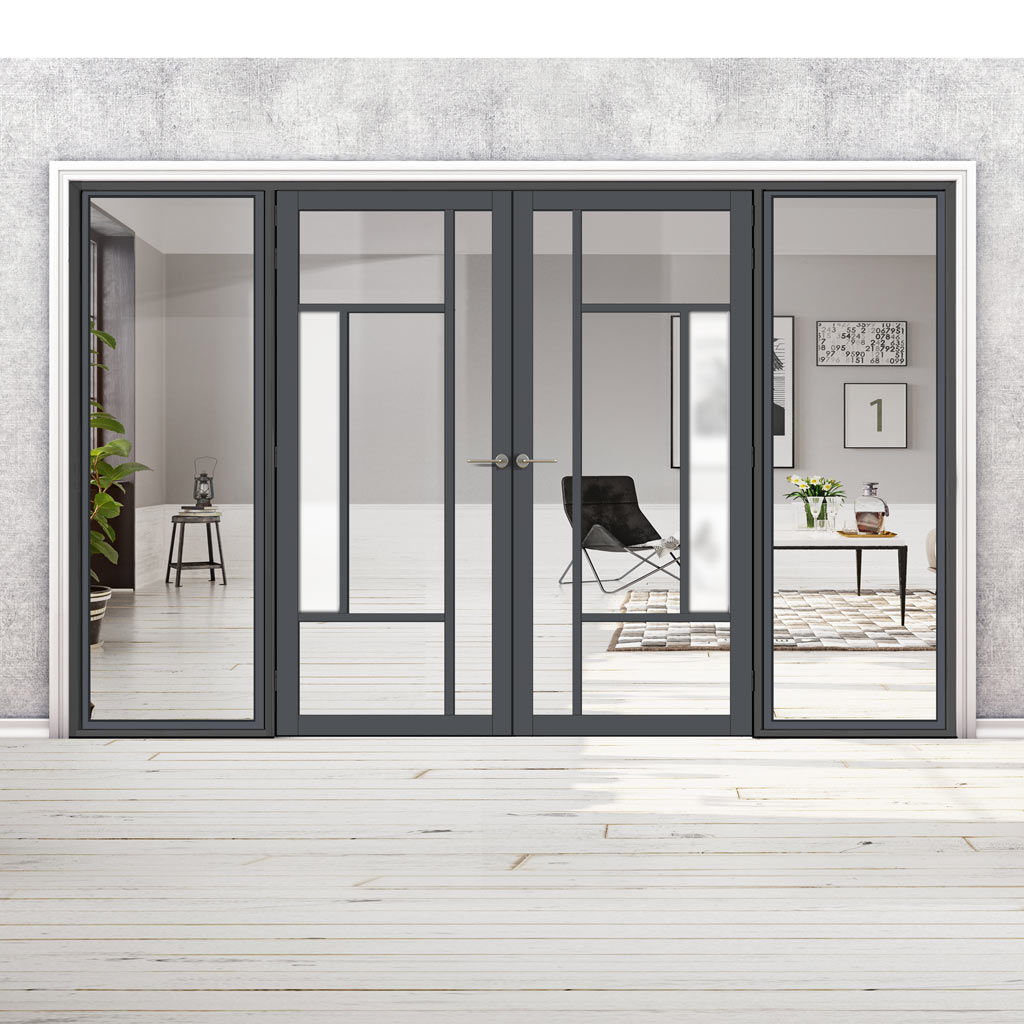 Bespoke Room Divider - Eco-Urban® Portobello Door Pair DD6438CF Clear Glass(1 FROSTED PANE) with Full Glass Sides - Premium Primed - Colour & Size Options