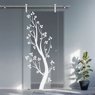 Image: Single Glass Sliding Door - Solaris Tubular Stainless Steel Sliding Track & Blooming Tree 8mm Clear Glass - Obscure Printed Design