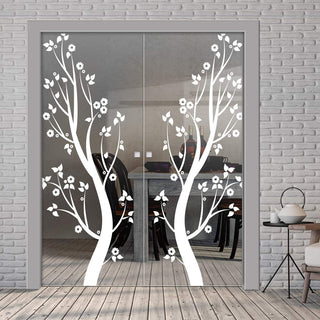 Image: Blooming Tree  8mm Clear Glass - Obscure Printed Design - Double Evokit Glass Pocket Door