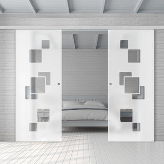 Image: Double Glass Sliding Door - Geometric Bold 8mm Obscure Glass - Clear Printed Design with Elegant Track