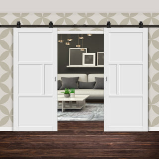 Image: Top Mounted Black Sliding Track & Solid Wood Double Doors - Eco-Urban® Breda 4 Panel Doors DD6439 - Cloud White Premium Primed