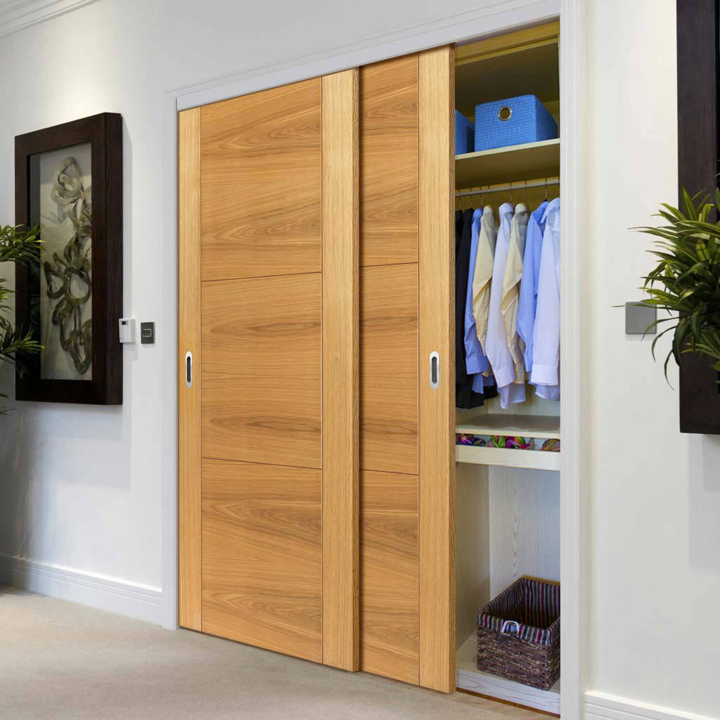 Two Sliding Wardrobe Doors & Frame Kit - Mistral Flush Oak Door - Decor Grooves - Prefinished