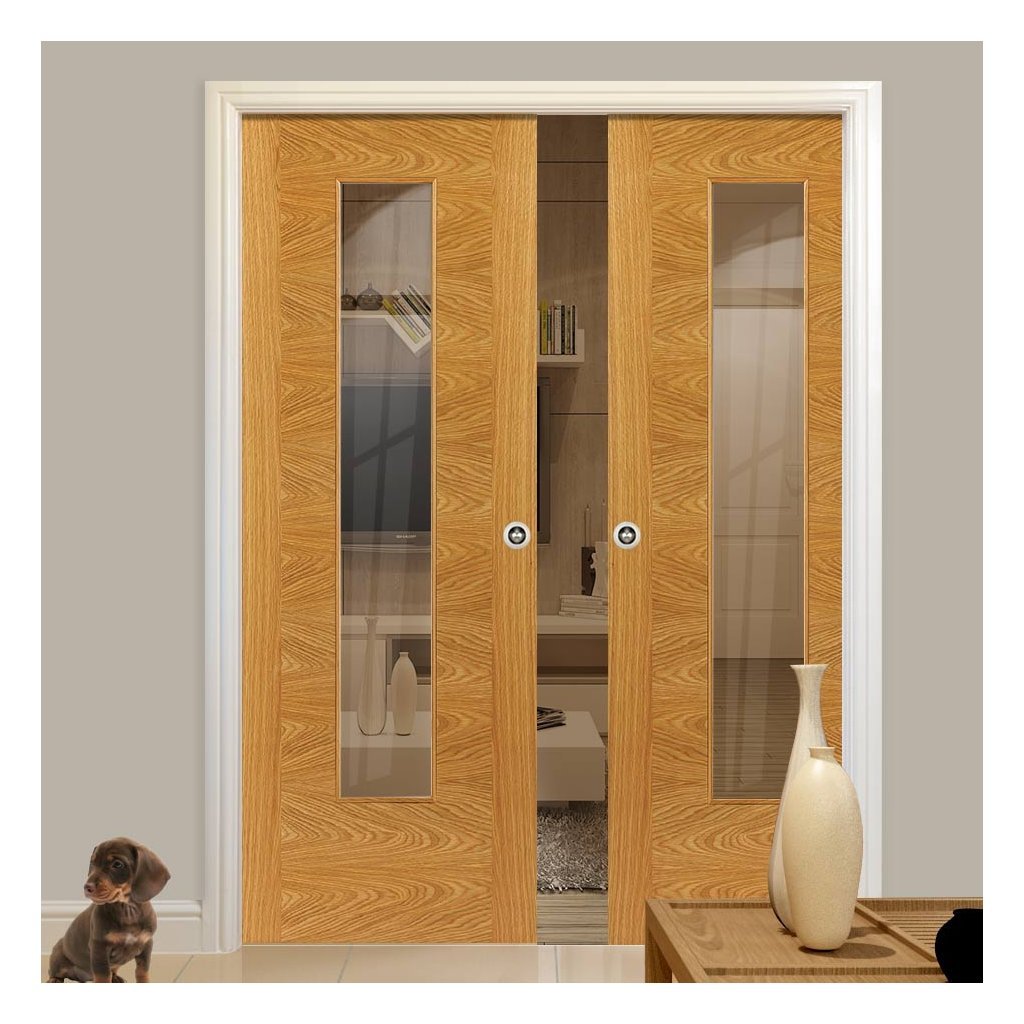 Ostria Oak Double Evokit Pocket Doors - Clear Glass - Prefinished