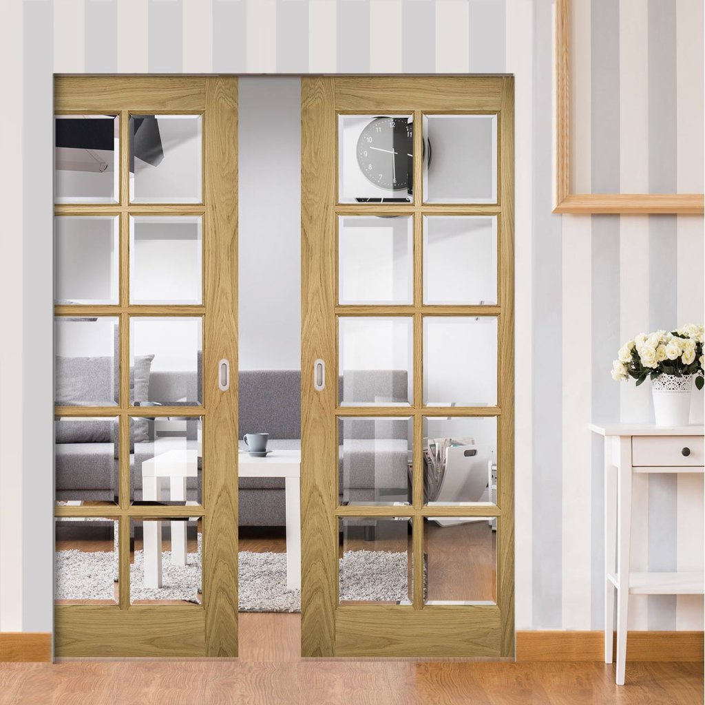 Bristol Oak Absolute Evokit Double Pocket Doors - 10 Pane Clear Bevelled Glass - Unfinished