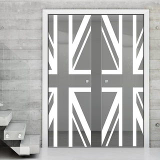 Image: Union Jack Flag 8mm Clear Glass - Obscure Printed Design - Double Evokit Glass Pocket Door