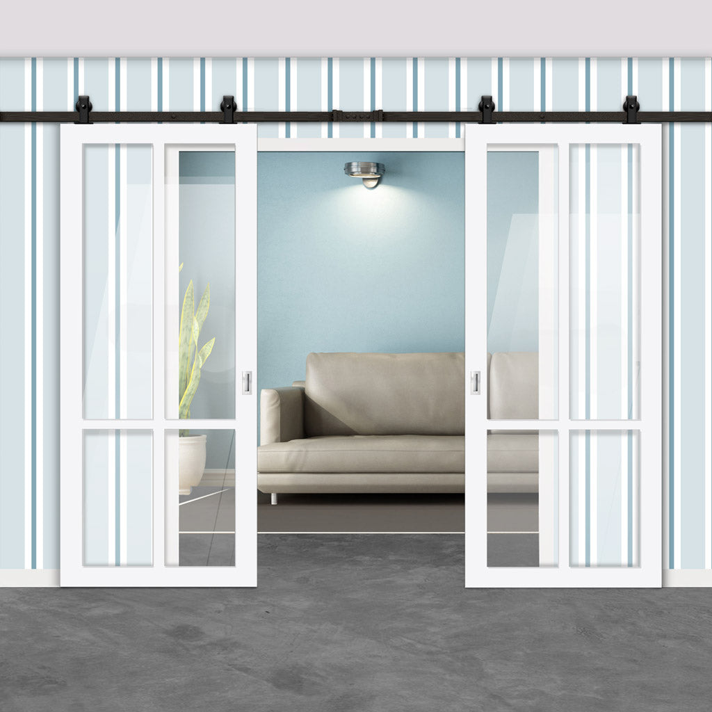 Top Mounted Black Sliding Track & Solid Wood Double Doors - Eco-Urban® Bronx 4 Pane Doors DD6315G - Clear Glass - Cloud White Premium Primed