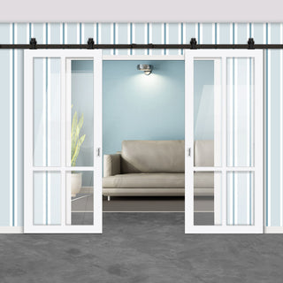 Image: Top Mounted Black Sliding Track & Solid Wood Double Doors - Eco-Urban® Bronx 4 Pane Doors DD6315G - Clear Glass - Cloud White Premium Primed