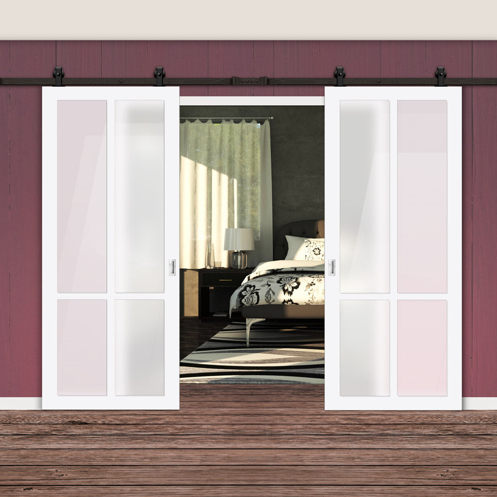 Top Mounted Black Sliding Track & Solid Wood Double Doors - Eco-Urban® Bronx 4 Pane Doors DD6315SG - Frosted Glass - Cloud White Premium Primed