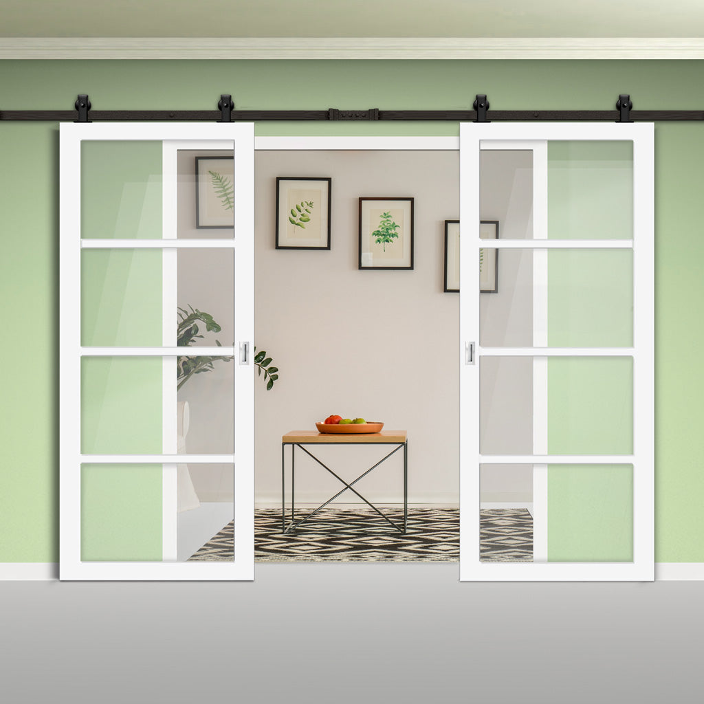 Top Mounted Black Sliding Track & Solid Wood Double Doors - Eco-Urban® Brooklyn 4 Pane Doors DD6308G - Clear Glass - Cloud White Premium Primed