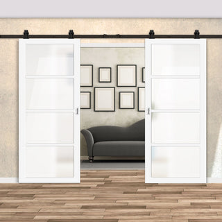 Image: Top Mounted Black Sliding Track & Solid Wood Double Doors - Eco-Urban® Brooklyn 4 Pane Doors DD6308SG - Frosted Glass - Cloud White Premium Primed