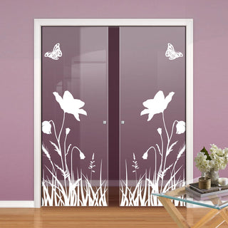 Image: Butterfly 8mm Clear Glass - Obscure Printed Design - Double Evokit Glass Pocket Door