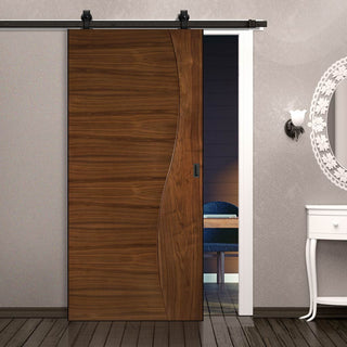 Image: Top Mounted Black Sliding Track & Door - Contemporary Design Cadiz Prefinished Walnut Door