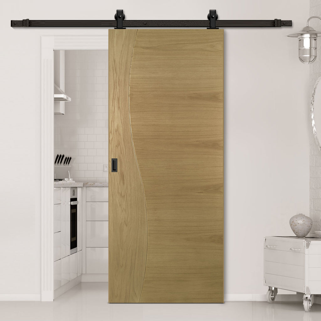 Top Mounted Black Sliding Track & Door - Cadiz Real American White Oak Crown Cut Veneer Door - Prefinished