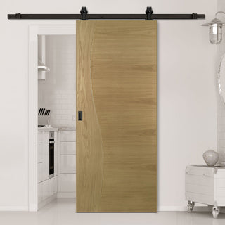 Image: Top Mounted Black Sliding Track & Door - Cadiz Real American White Oak Crown Cut Veneer Door - Prefinished