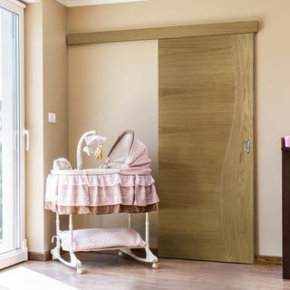 Image: Single Sliding Door & Wall Track - Cadiz Real American White Oak Crown Cut Veneer Door - Prefinished
