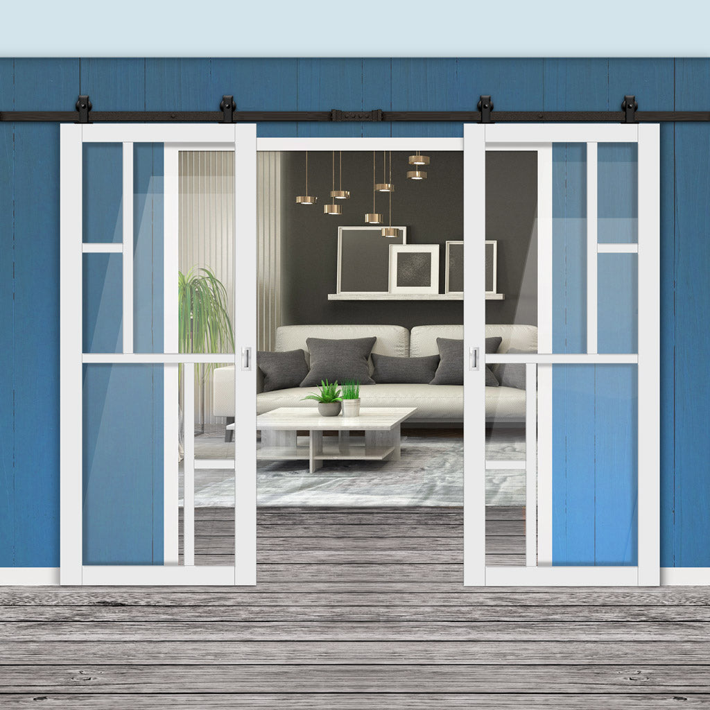 Top Mounted Black Sliding Track & Solid Wood Double Doors - Eco-Urban® Cairo 6 Pane Doors DD6419G Clear Glass - Cloud White Premium Primed