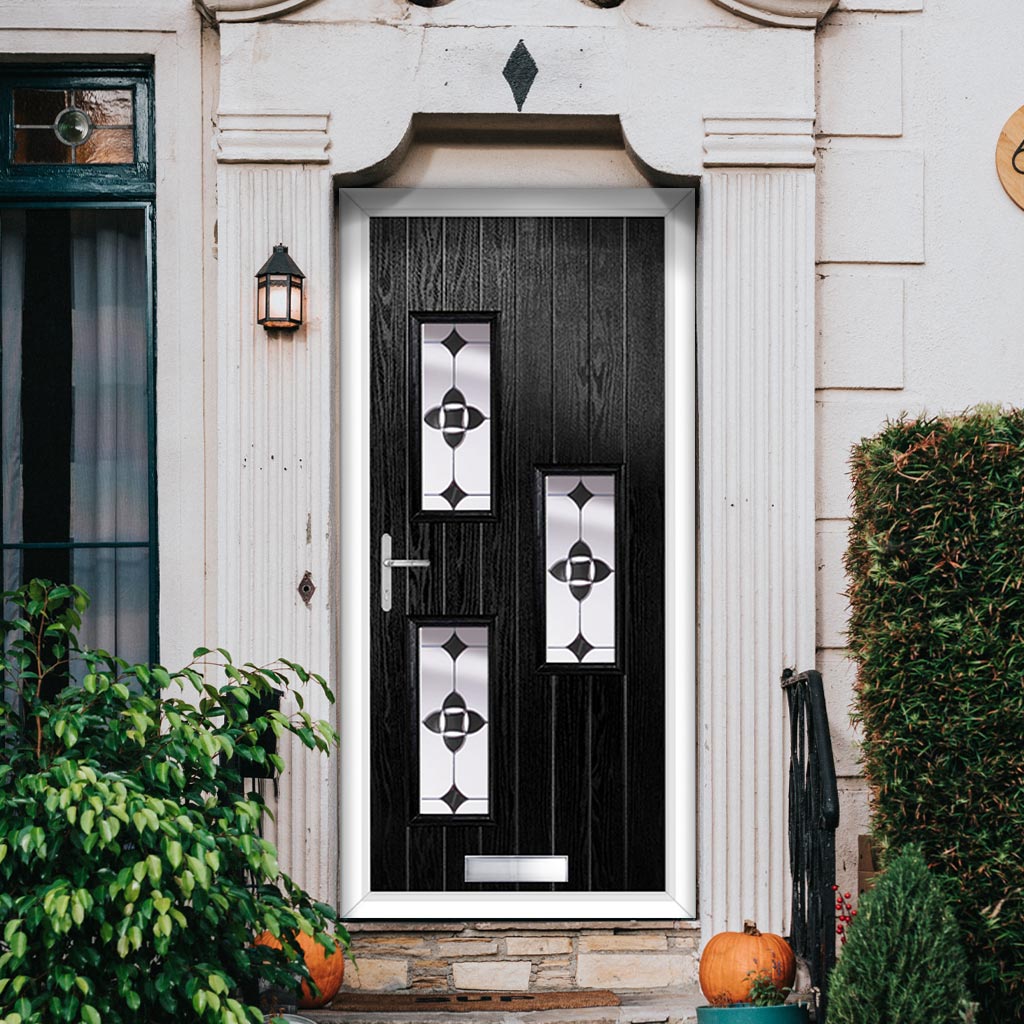 Cottage Style Cambridge 3 Composite Front Door Set with Hnd Palopo Black Glass - Shown in Black