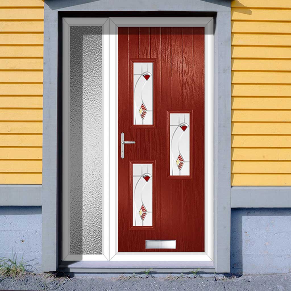 Cottage Style Cambridge 3 Composite Front Door Set with Single Side Screen - Hnd Kupang Red Glass - Shown in Red