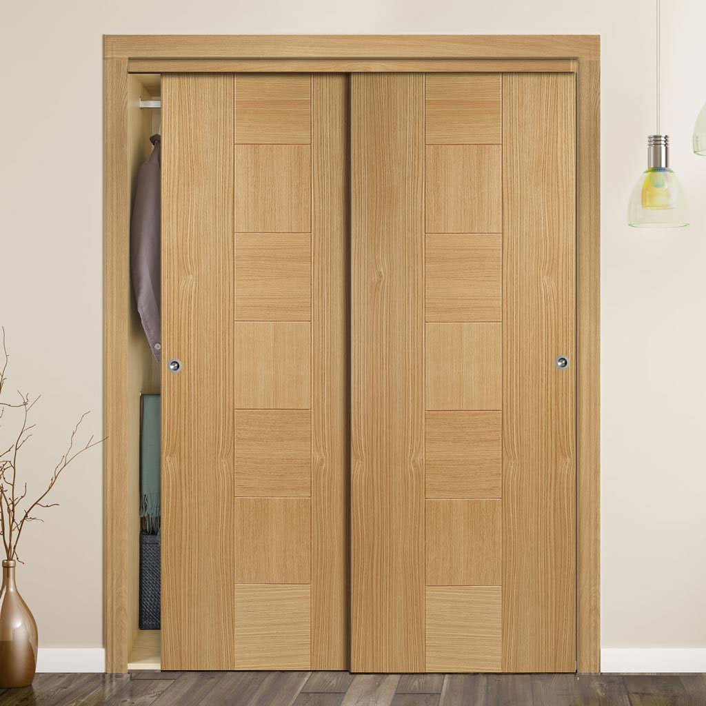 Two Sliding Wardrobe Doors & Frame Kit - Catalonia Flush Oak Door - Prefinished